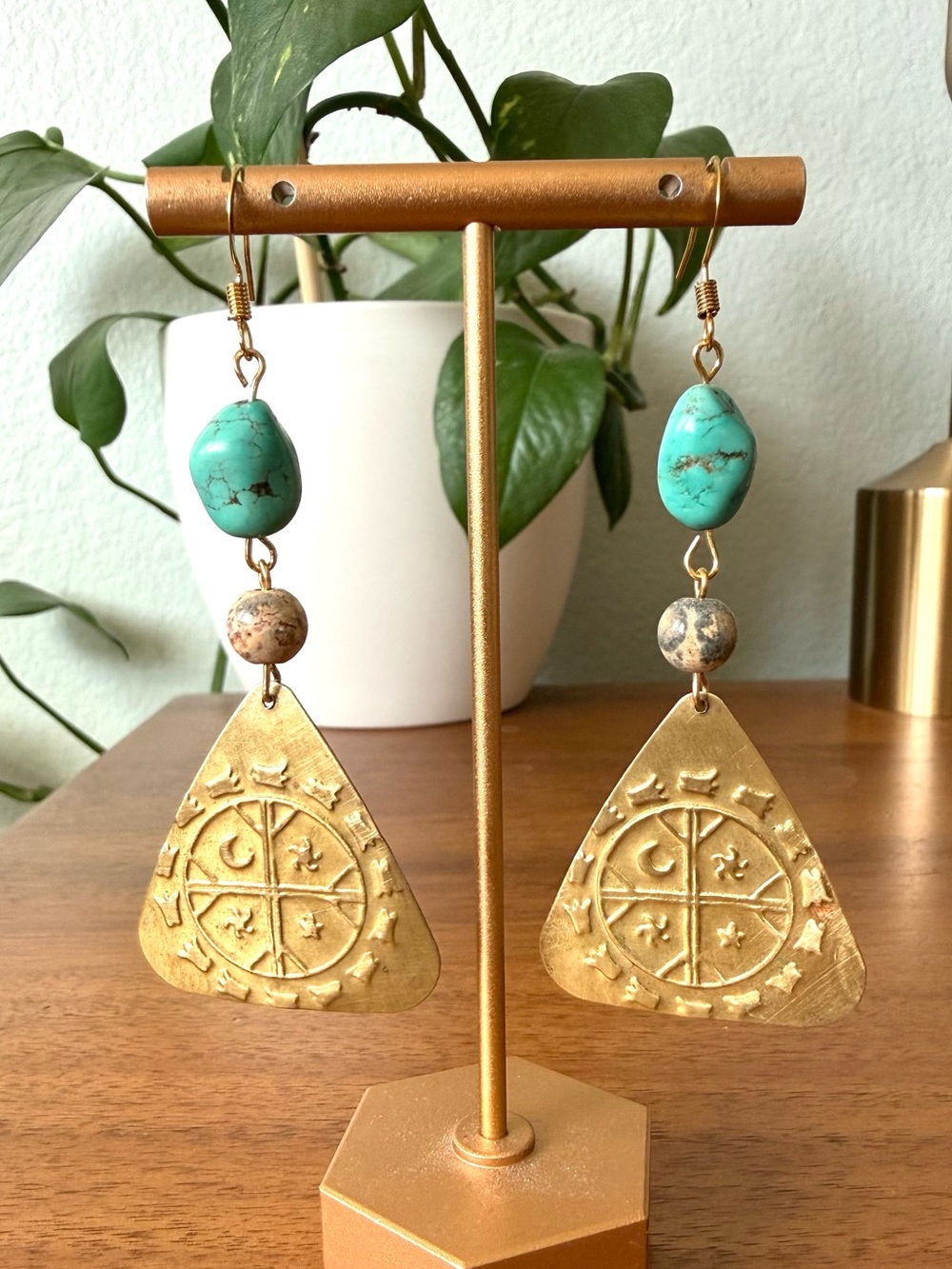 Vintage Embossed Brass Triangle Dangle Earrings Natural Turquoise Beads